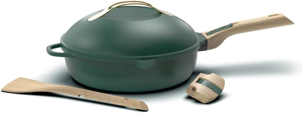 COOKUT - La Favolosa padella 8 in 1 - Un unico utensile, padella, casseruola, casseruola con 2 maniglie rimovibili, cestello vapore/frittura, spatola in legno - Verde